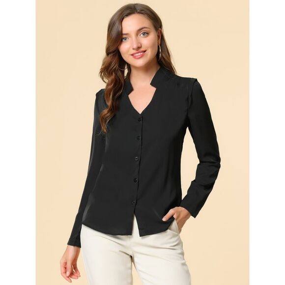 Blouse Button Up Long Sleeve V Neck Chiffon Shirt Black - Picture 2 of 6